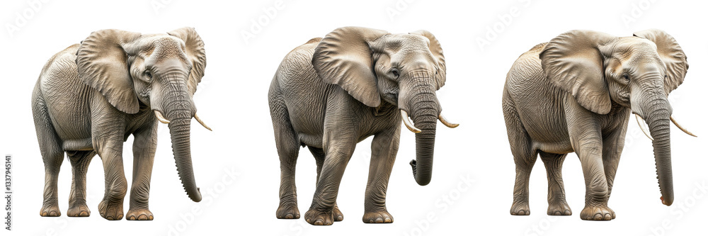 Fototapeta premium A Set of High-Angle Studio Views of a Majestic African Elephant Standing Alone Isolated on Transparent Background