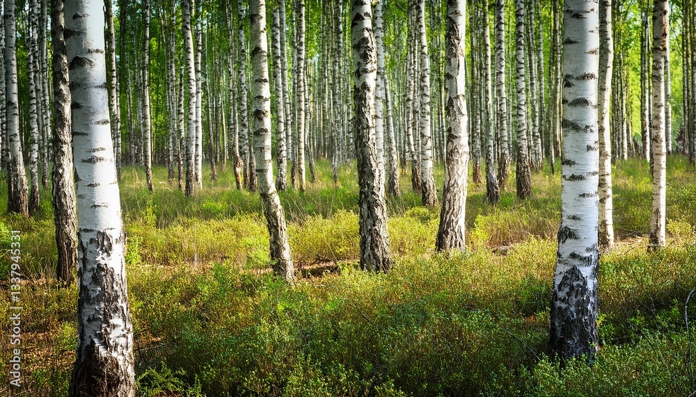 Fototapeta premium White birch tree grove in mixed forest, young tree trunks closeup- 5936
