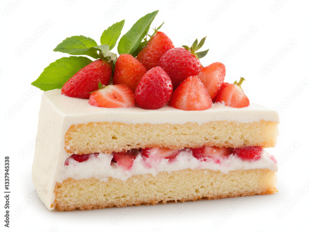 cake isolated on a white background, clearly defined soft sponge layers and creamy frosting, topped with fresh strawberries cake isolated on a white background, clearly defined soft sponge layers and creamy frosting, topped with fresh strawberries