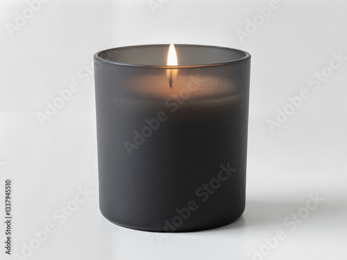 soy wax candle burning in a matte black glass jar isolated on a white background