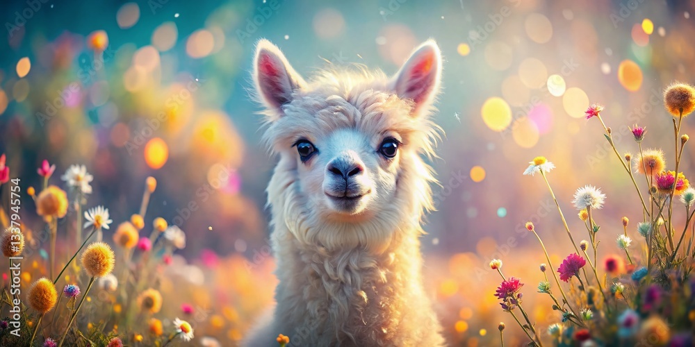 Fototapeta premium Whimsical Smiling Alpaca Double Exposure Stock Photo - Cute Cartoon Animal