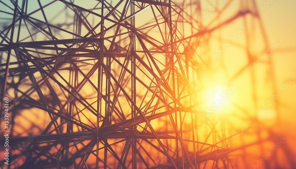 Fototapeta premium Abstract Metal Scaffolding Structure at Sunset, Industrial Background