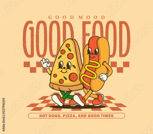 Vintage cartoon character vector illustration of a junk food burger and hot dog. A retro mascot design perfect for print, T-shirt design, apparel, stickers, and more