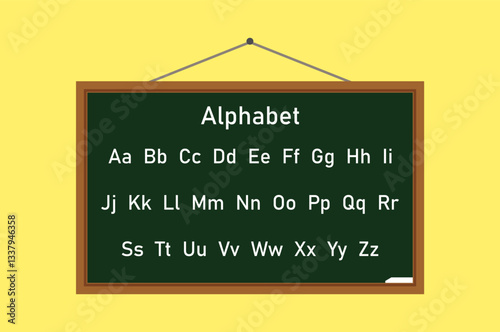Alphabet on school board, school board with alphabet in white isolated on yellow background. School board icon. Background image, web banner, poster, vector illustration.