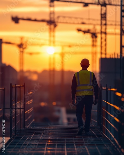 Construction Worker on Scaffolding at Sunset, Urban Building Site