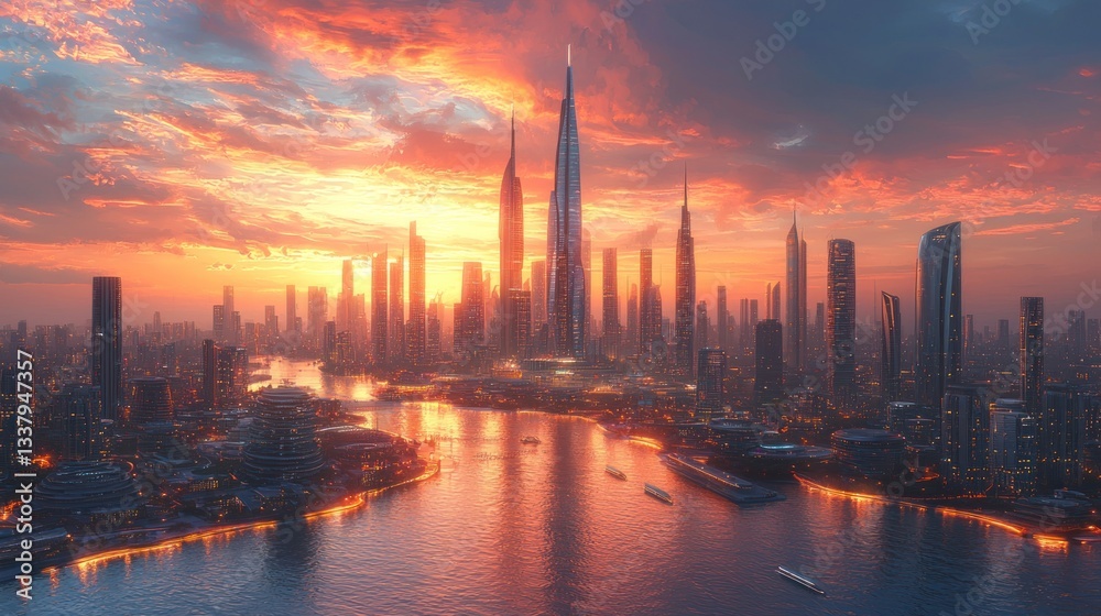 Fototapeta premium Futuristic city skyline at sunset, reflected in water.