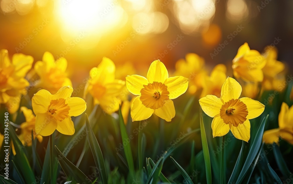 Bright yellow flowers bloom in a sunlit field, creating a cheerful Easter scene. Bright yellow flowers bloom in a sunlit field, creating a cheerful Easter scene.