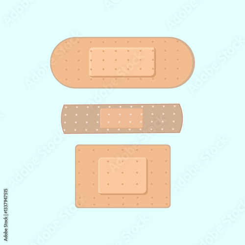 Set of three flat medical Band-aids on a light background