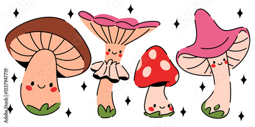 Cute mushroom characters mascot pack - adorable pink toadstool, chestnut bolete, scarlet fly agaric cartoons stand on green grass. Whimsical fungi emoticons for kids decorative design.