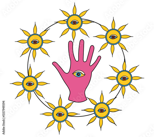 hand in a circle of the sun in a psychedelic style