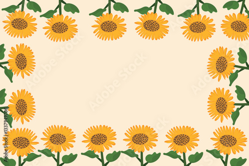 Cheerful sunflowers with green leaves form a decorative frame bringing summers joy to your projects
