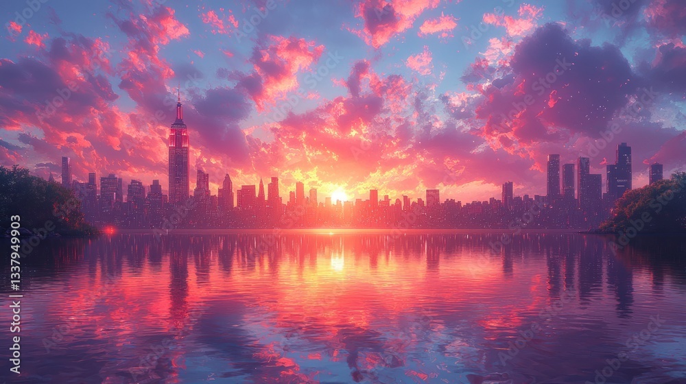 Naklejka premium Vibrant sunrise over city skyline reflected in calm water.