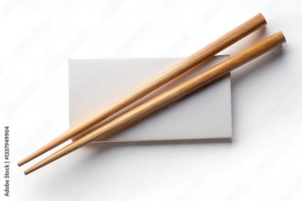 Wooden Chopsticks Holding Blank Name Card, Isolated White Background - High Resolution Stock Photo Wooden Chopsticks Holding Blank Name Card, Isolated White Background - High Resolution Stock Photo