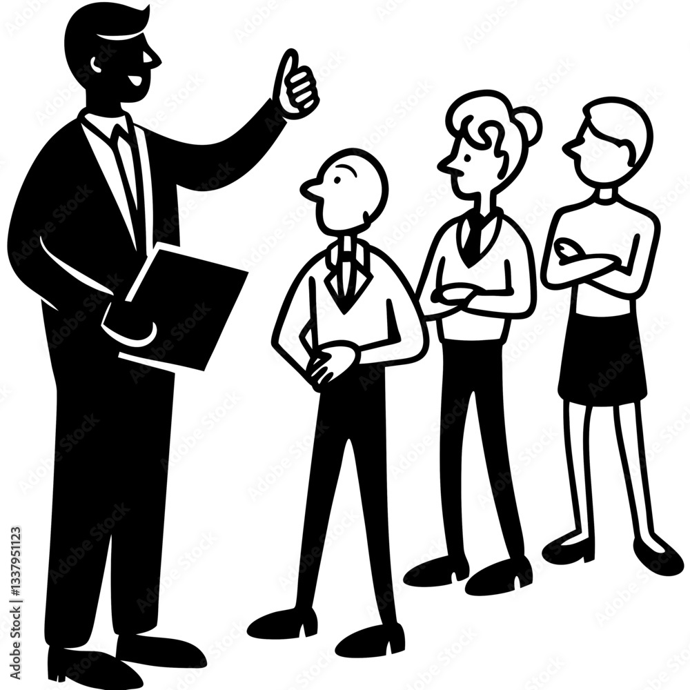 Silhouette of a boss standing confidently while giving instructions to employees Silhouette of a boss standing confidently while giving instructions to employees