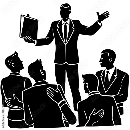 Silhouette of a boss standing confidently while giving instructions to employees 