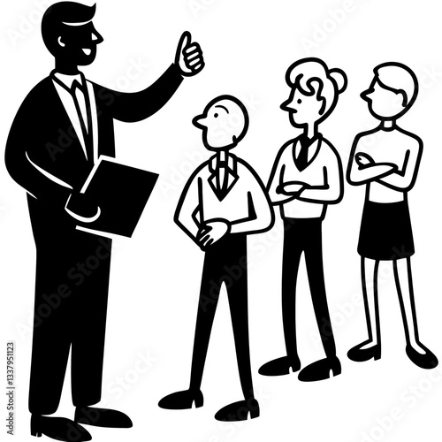 Silhouette of a boss standing confidently while giving instructions to employees 