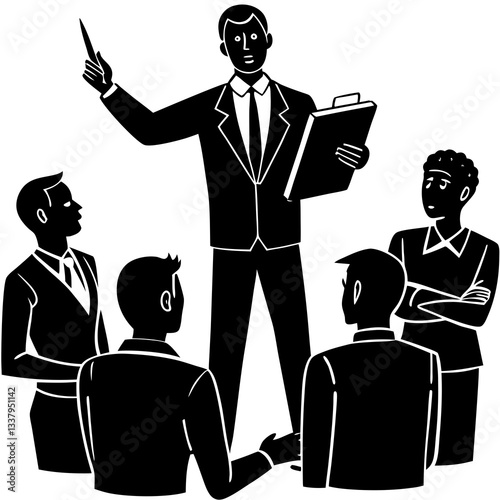 Silhouette of a boss standing confidently while giving instructions to employees 