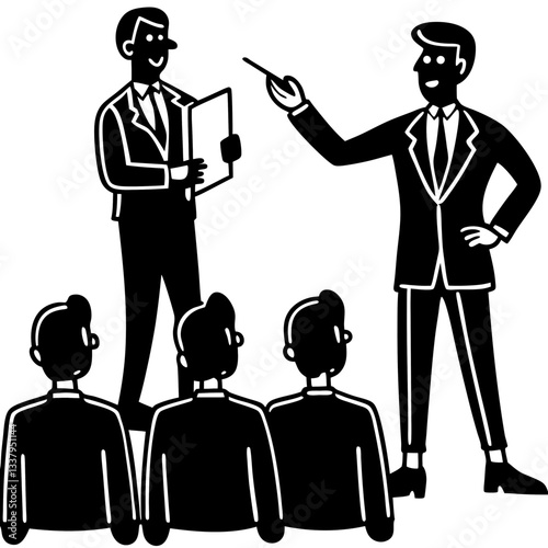 Silhouette of a boss standing confidently while giving instructions to employees 