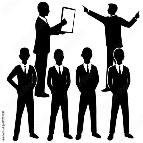 Silhouette of a boss standing confidently while giving instructions to employees 