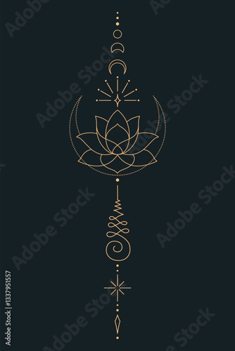 Sacred Lotus Unalome Tattoo Design Minimalist Spiritual Symbol. Vector isolated buddhist line hand drawn symbol. Gold on Dark background