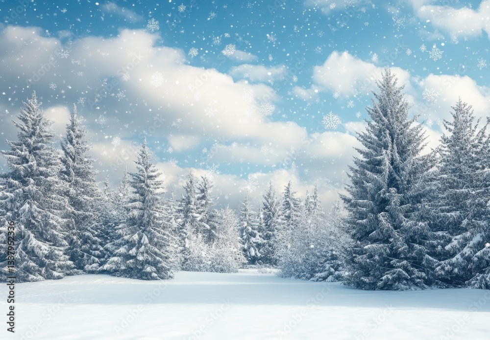 Obraz premium Snow-covered pine forest under a bright, cloudy sky in winter.