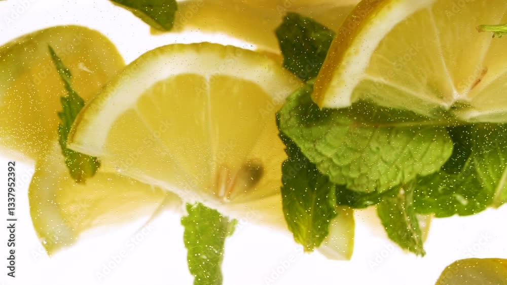 Slow motion slices of lemon or orange fruit and mint leaves splashing in water