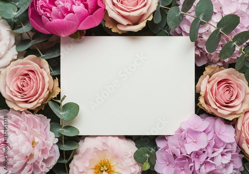 The image captures a blank cream-colored card surrounded by a flat lay arrangement of pink and white flowers, softly lit for an elegant mockup