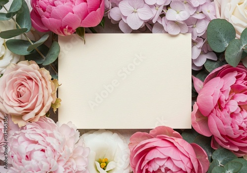 Flat lay arrangement of pink and white flowers surrounds a blank cream-colored card, softly lit for an elegant mockup