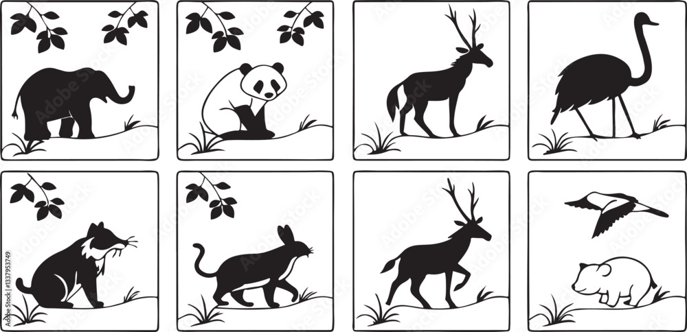 Naklejka premium A vector set of animal silhouettes illustrates a collection of wild and farm mammals, including horse, deer, and cat