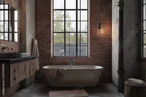Wallpaper Mural An industrial bathroom showcasing exposed brick walls, metal accents, and reclaimed wood fixtures.  Torontodigital.ca