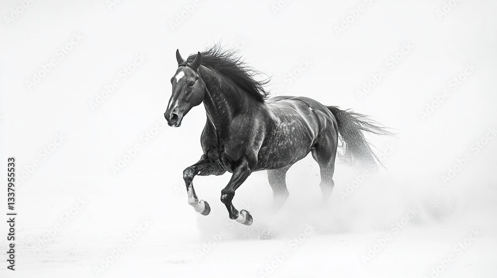 Fototapeta premium A dramatic motion shot of a horse charging ahead, its energy palpable as it propels forward, its form beautifully highlighted against a clean white backdrop 