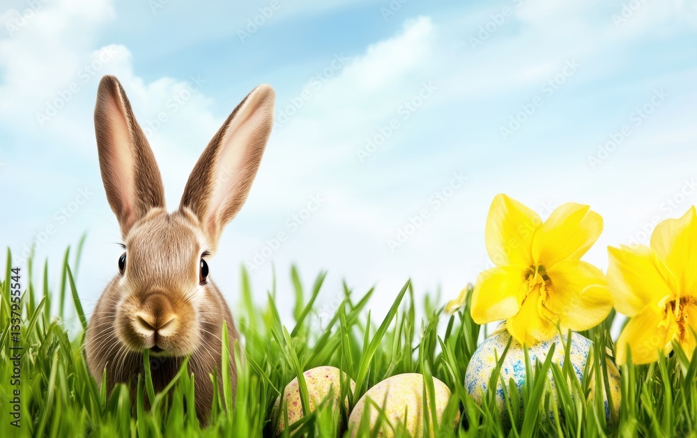 Fototapeta premium A rabbit sits among flowers in the grass, celebrating the spirit of Easter.