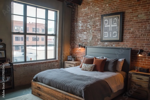 Wallpaper Mural An industrial bedroom showcasing exposed brick walls, metal accents, and reclaimed wood furniture.  Torontodigital.ca