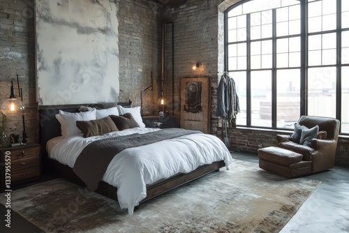 Wallpaper Mural An industrial bedroom showcasing exposed brick walls, metal accents, and reclaimed wood furniture.  Torontodigital.ca