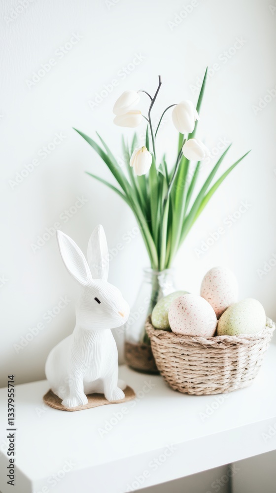 Obraz premium A white rabbit sits beside a colorful basket of eggs on a table, celebrating Easter festivities.