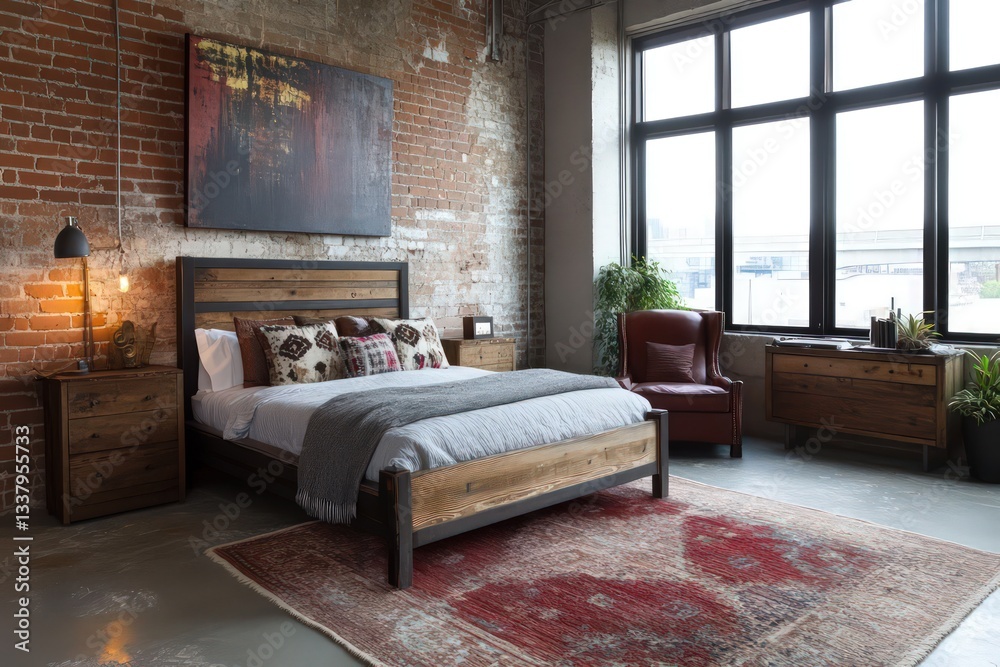 custom made wallpaper toronto digitalAn industrial bedroom showcasing exposed brick walls, metal accents, and reclaimed wood furniture.