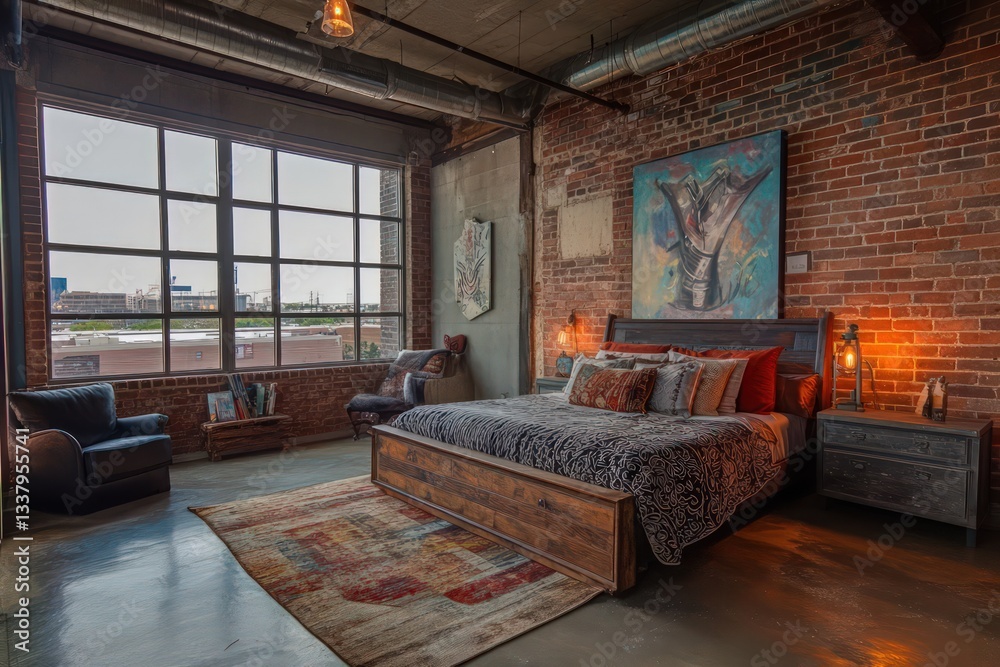 custom made wallpaper toronto digitalAn industrial bedroom showcasing exposed brick walls, metal accents, and reclaimed wood furniture.