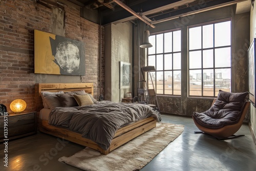 Wallpaper Mural An industrial bedroom showcasing exposed brick walls, metal accents, and reclaimed wood furniture.  Torontodigital.ca