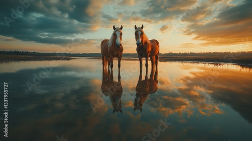 A dramatic scene of cold-blooded horses standing side by side at a river edge, their mirrored images blending into the landscape, captured in stunning golden-hour light