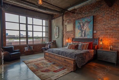 Wallpaper Mural An industrial bedroom showcasing exposed brick walls, metal accents, and reclaimed wood furniture.  Torontodigital.ca