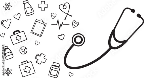 Vector icons set with medical symbols like stethoscope and heart, alongside music notes, for mobile web design