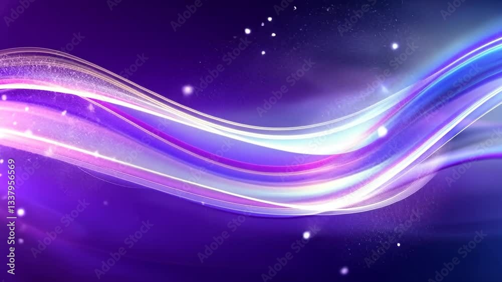 Abstract purple and blue wave background with glowing particles.
