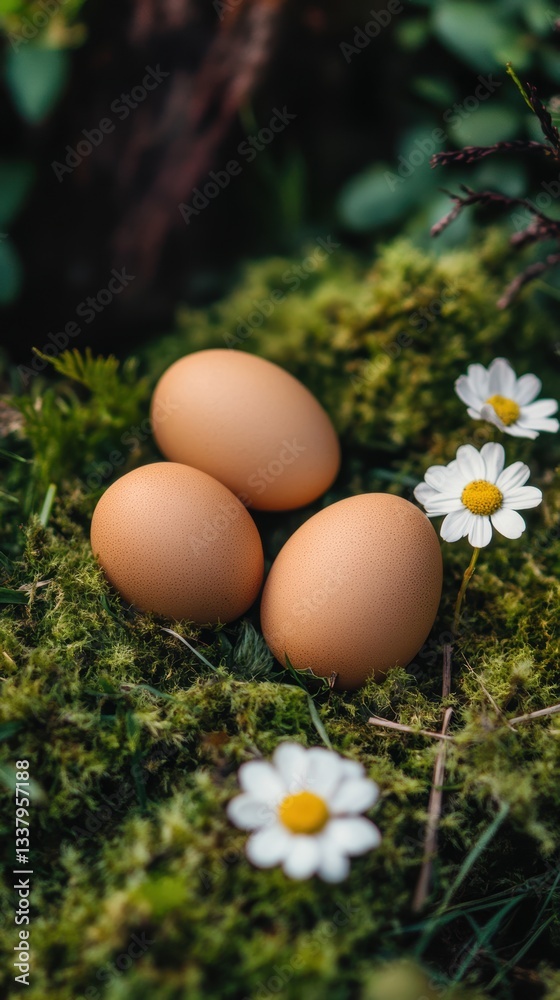 Three colorful eggs rest on moss beside delicate daisies in a serene Easter setting. Three colorful eggs rest on moss beside delicate daisies in a serene Easter setting.