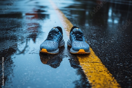 A pair of worn leather shoes next to a vintage suitcase on a floor. 
