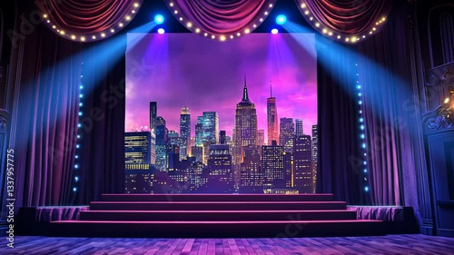 Glamorous stage with cinematic cityscape backdrop and elegant drapes