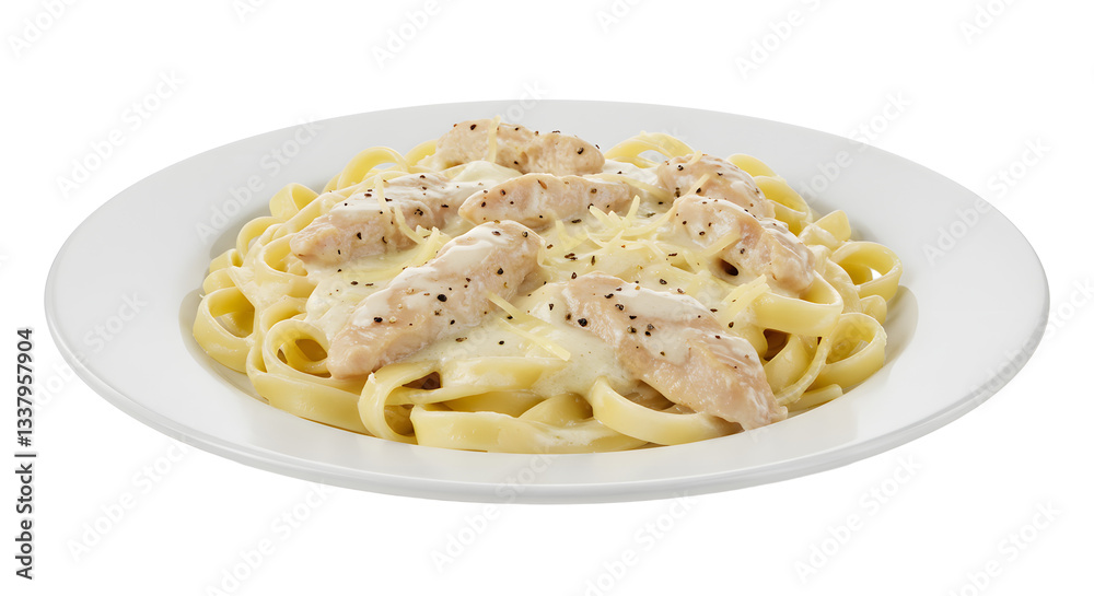 Serving of Chicken Fettuccine Alfredo Pasta on a White Plate Meal Serving of Chicken Fettuccine Alfredo Pasta on a White Plate Meal