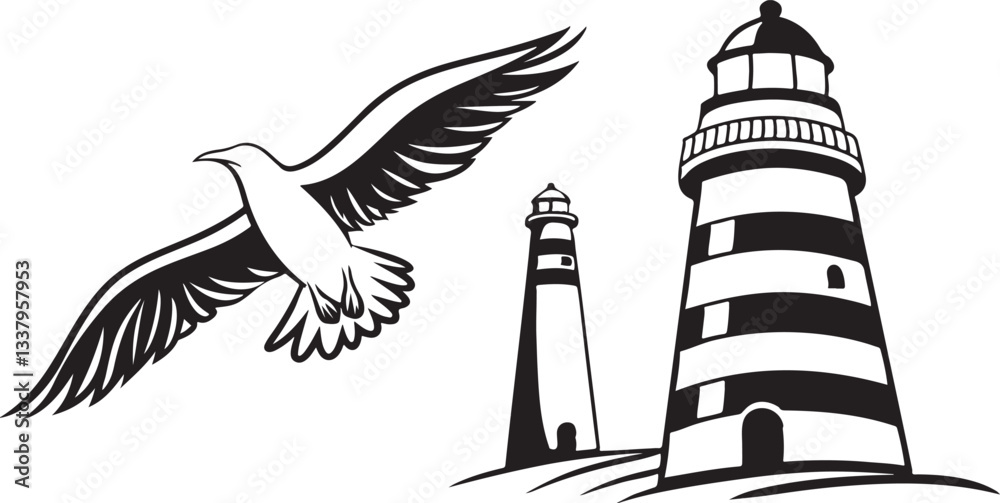 A white lighthouse tower shines its light over a sea of landmark icons A white lighthouse tower shines its light over a sea of landmark icons