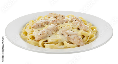 Serving of Chicken Fettuccine Alfredo Pasta on a White Plate Meal