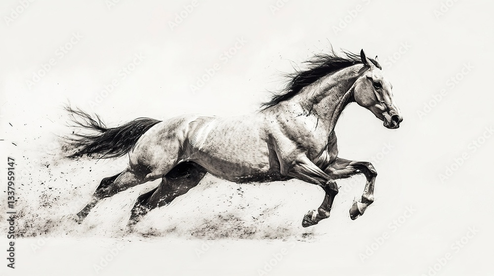 Fototapeta premium A dynamic side-profile of a racehorse in motion, its hooves lifted mid-gallop, the wind rushing through its flowing mane, perfectly framed against a white background, cinematic telephoto shot. 