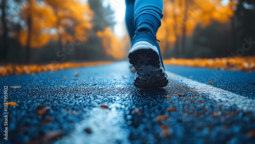Autumn Jogging Runner's Foot Close Up on Wet Asphalt Path